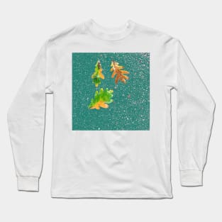 Rainy Leaves on Teal Blue Terrazzo Background Long Sleeve T-Shirt